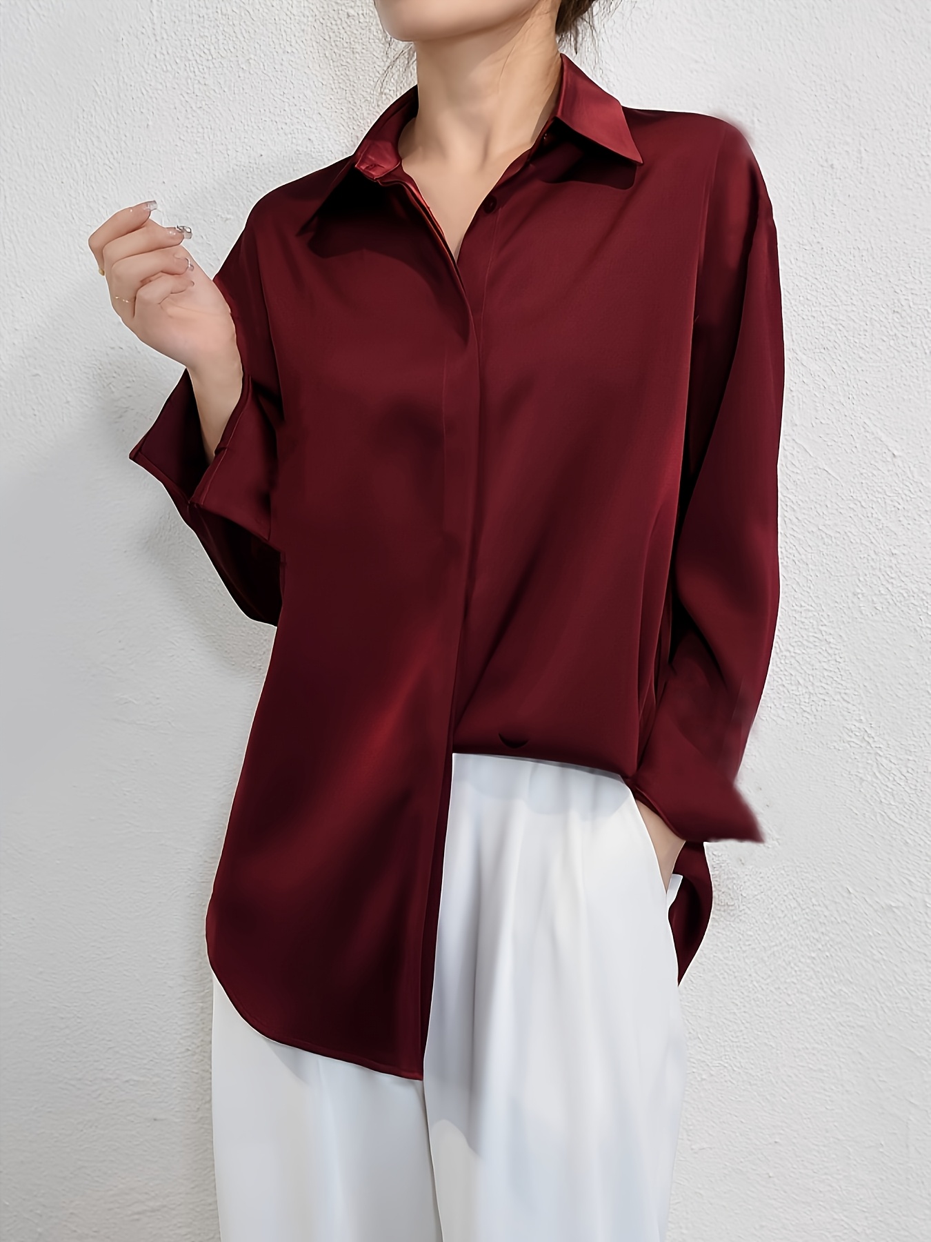 womens red satin long sleeve button shirt elegant collar - Temu Germany