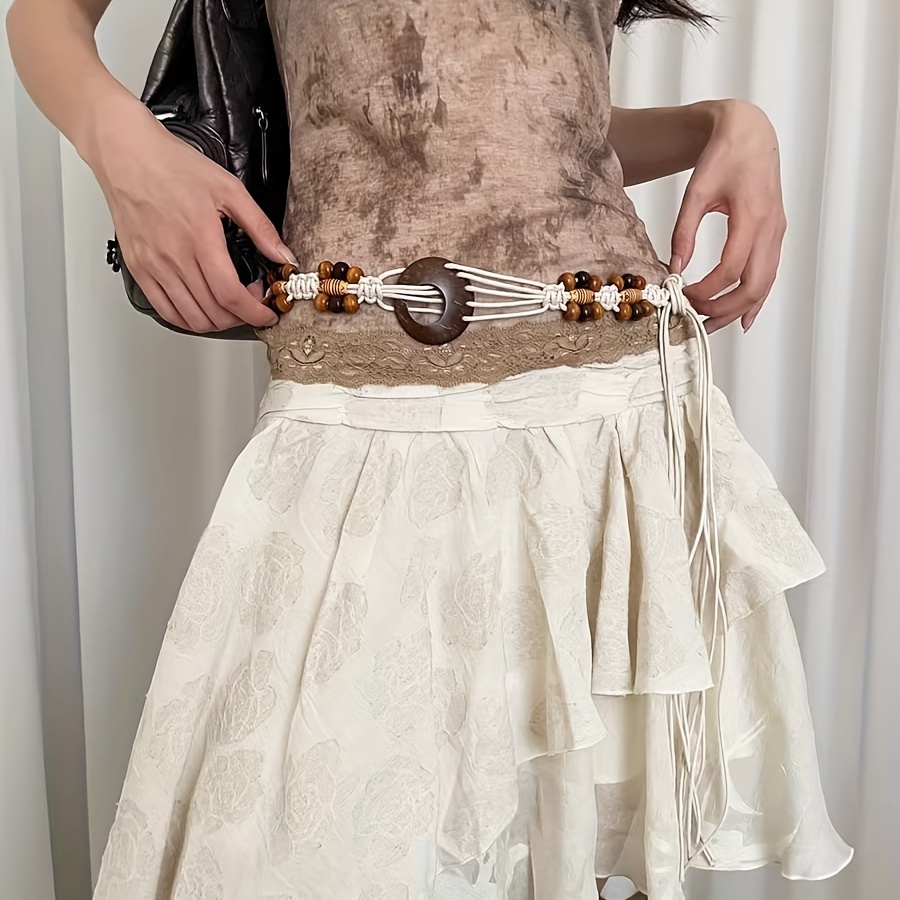 Braided wooden bead belt Generic Bohemian Style Waist Belt Ethnic Wooden Beads  main image 4