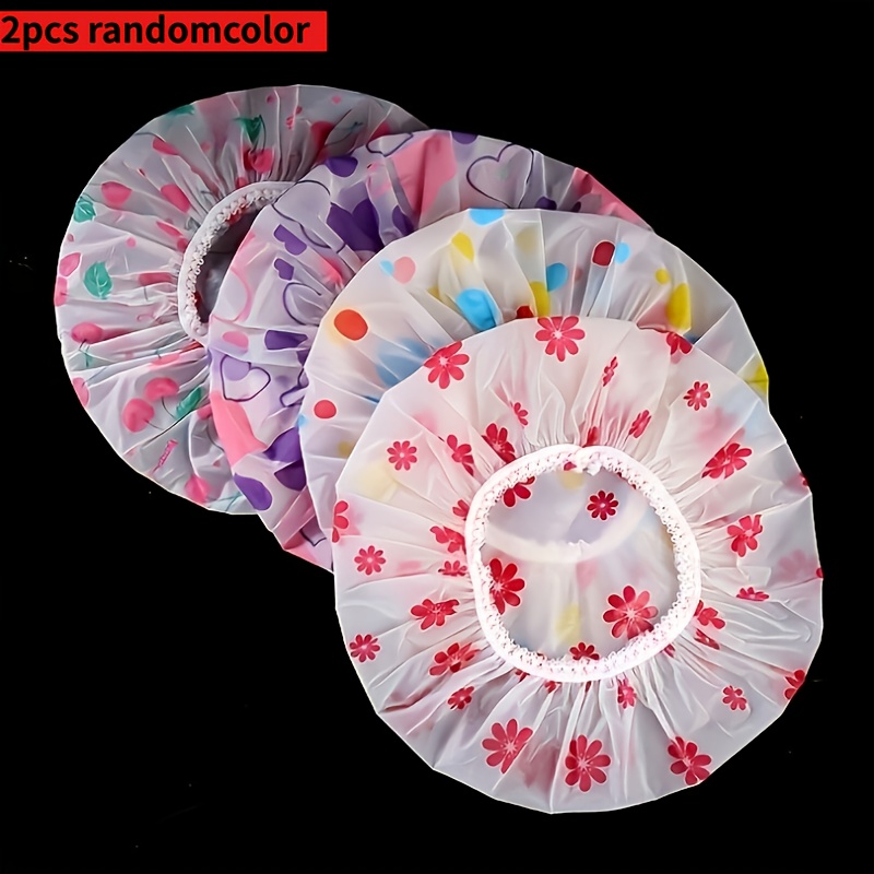 2pcs Random Color Adjustable Shower Cap, High Elastic Elastic, More , Fashionable Shower Cap, Printable Design, High Quality And Reusable, Frosted Printed Lace, Elastic Band For Women' Salon