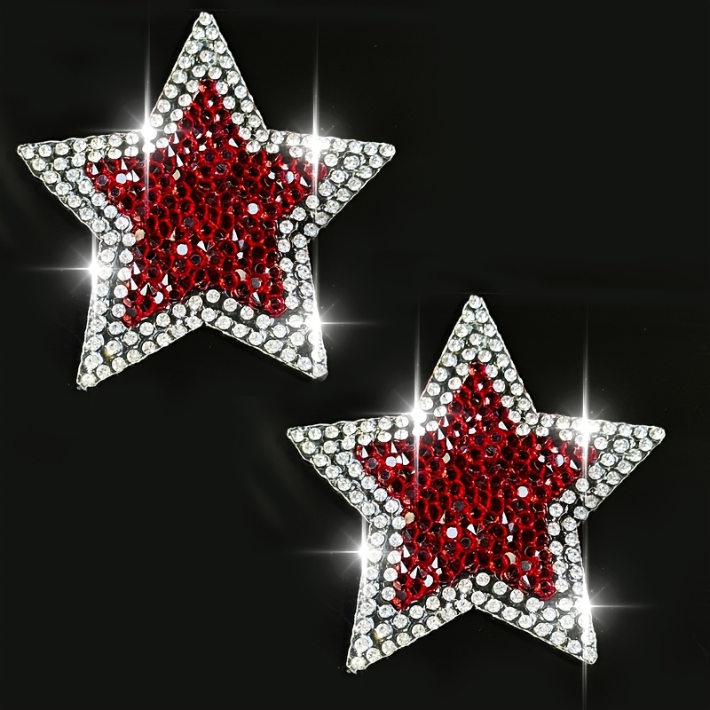 E-shop 2 Stück Silberne Rote Fünfzackige Stern Strass-Applikationen, Bügelbilder für Herren- Damenbekleidung, Neuheit Stoff-Patches geeignet für DIY,