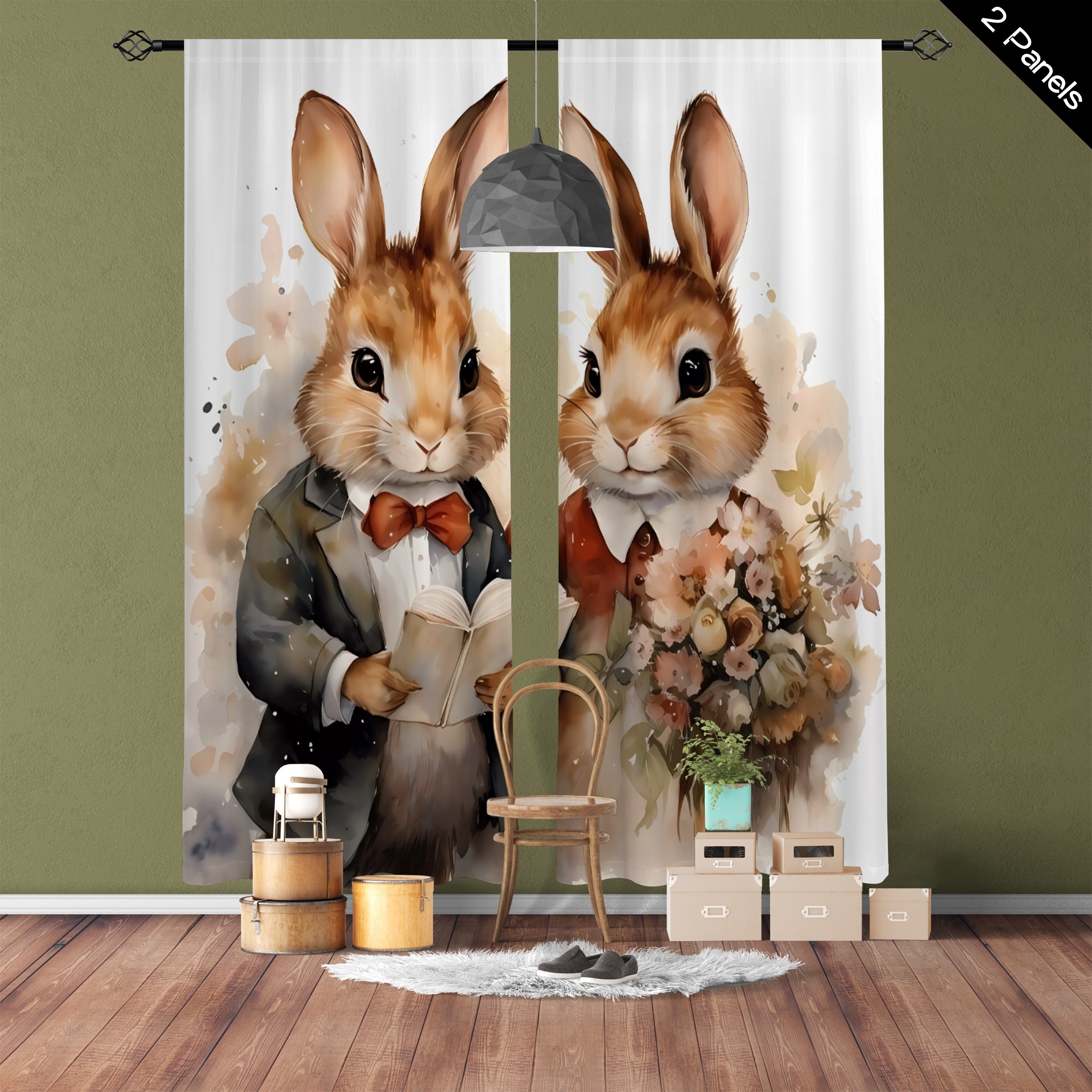 

2pcs, Easter Bunny Wedding Couple Printed Translucent Curtains, Living Room Playroom Bedroom Multi-scene Polyester Rod Pocket Decorative Curtains Home Decor Party Supplies