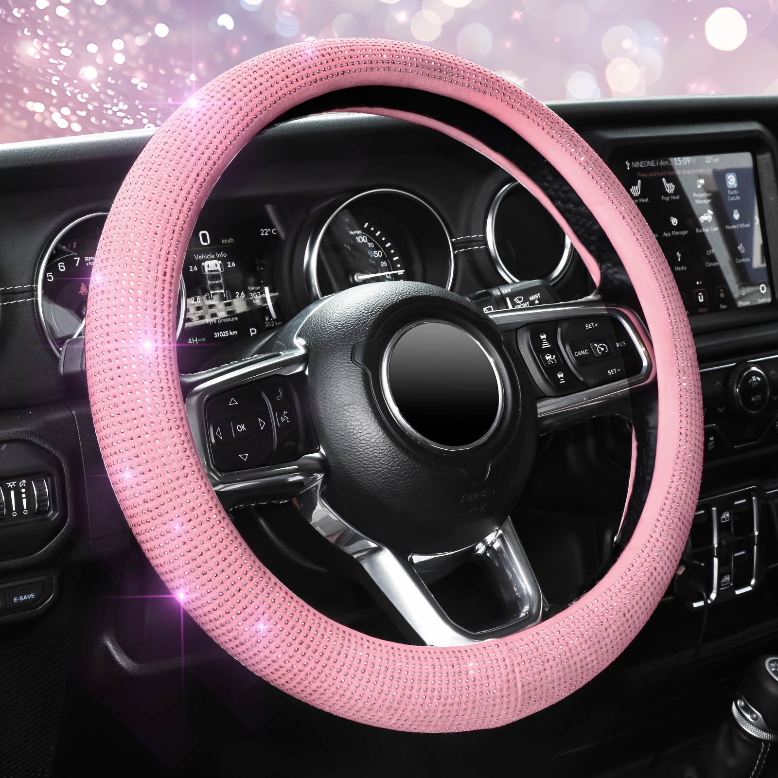 steering wheel cover for women men bling bling   sparkling car suv wheel protector universal   inch pink with   size 14 1 2 15 1 4
