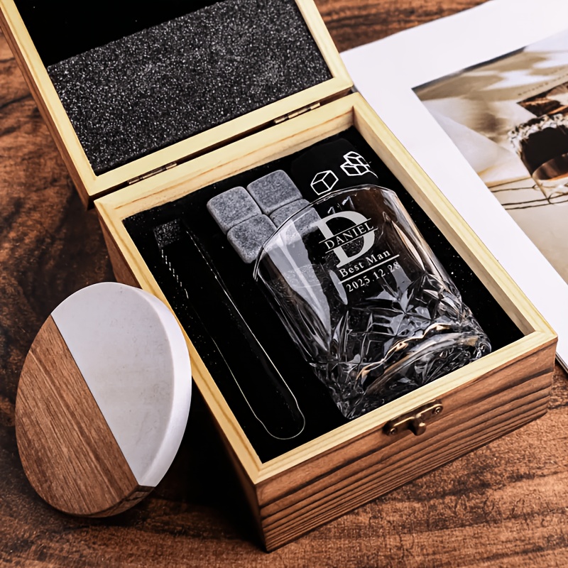 TEMU Juego de copas de whisky grabadas personalizadas con de regalo de madera - y con //texto personalizados, adecuado para , , regalos del Día para