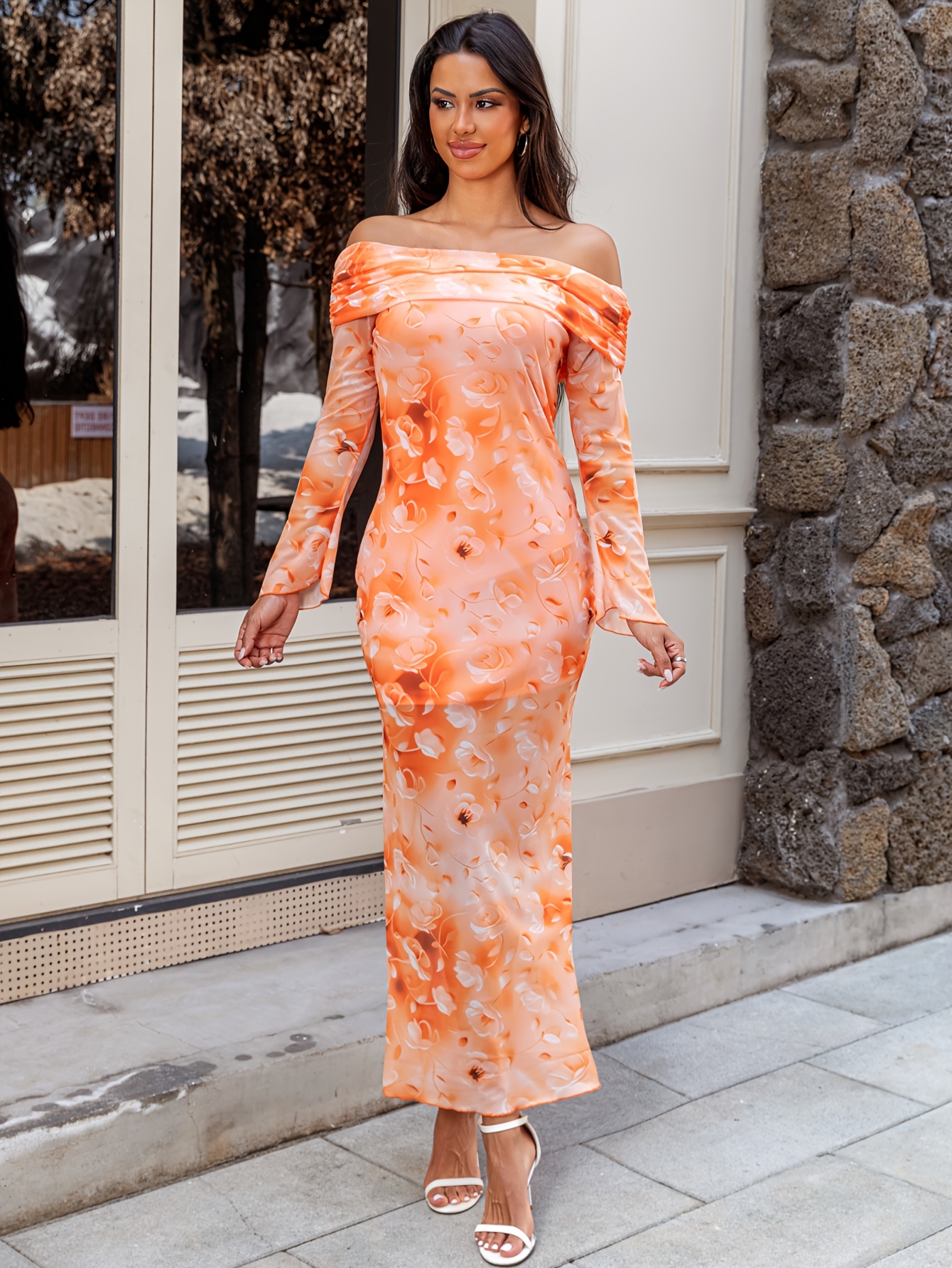 peach off the shoulder maxi dress Floral Shimmer Off Shoulder Maxi Dress in Peach