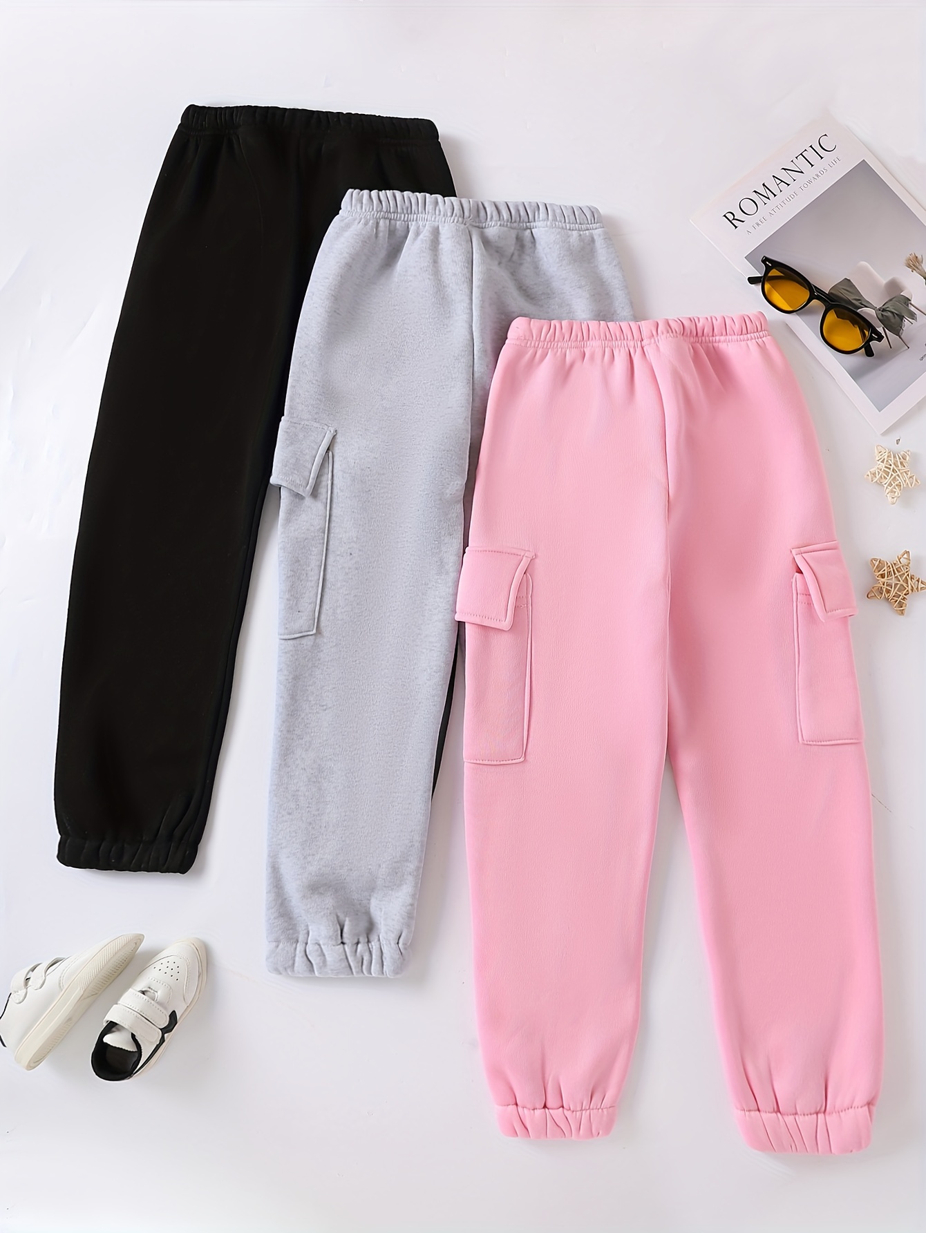 Girls' 3pcs Fleece-Lined Cargo Pants Set for Winter