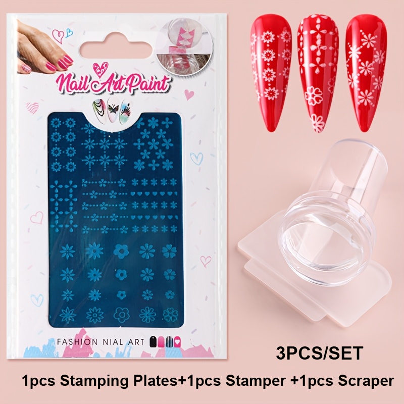 TEMU 3pcs/set Full Beauty Nail Stamping Plates & Stamper Set With Floral Templates, Stampers & Scraper - Diy Gel Polish Stencil System Suitable For -