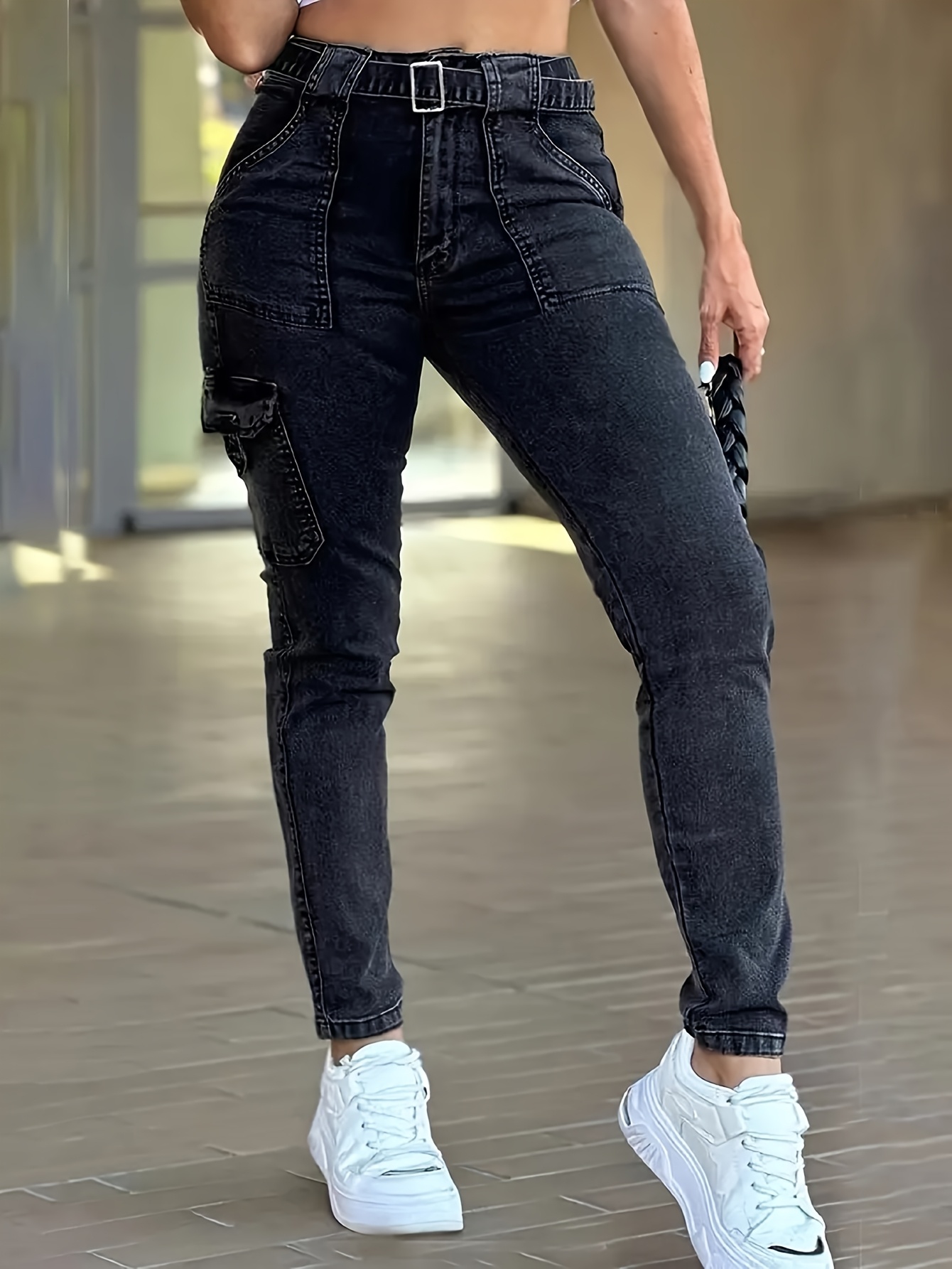 womens high waisted stretch denim joggers pockets casual Temu