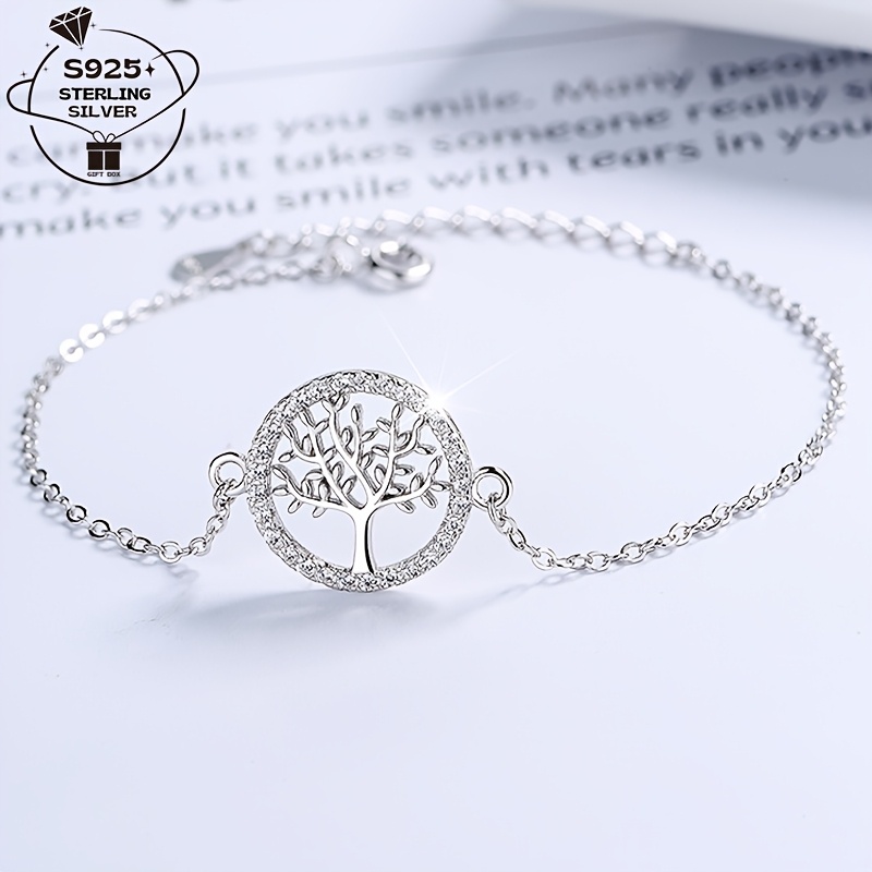 

1pc Elegant 925 Sterling Of Life Hollow-out Leaf Bracelet With Synthetic Zirconia, Women's Jewelry For , Parties, And , Perfect Luxury Gift For Birthdays, Valentine's Day