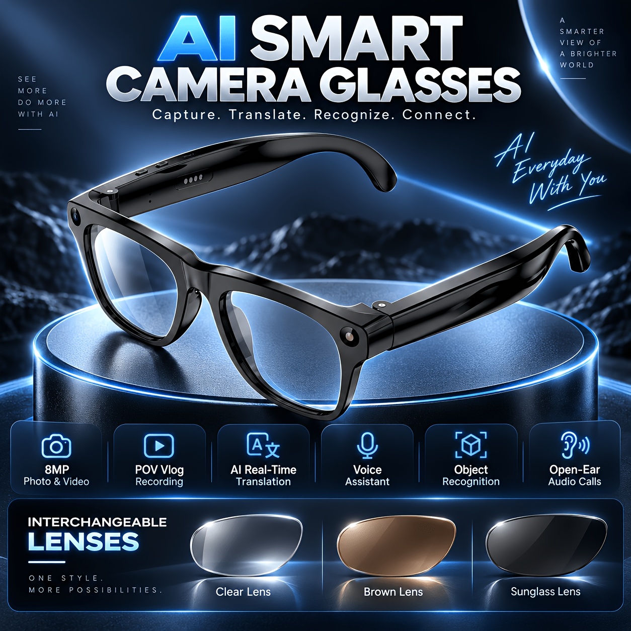 TEMU New Ai Smart Glasses, 1080p Hd Anti-shake Video Recording, 8mp Photo Capture, Ai Real-time Translation, Photochromic Lenses, Type-c Charging,