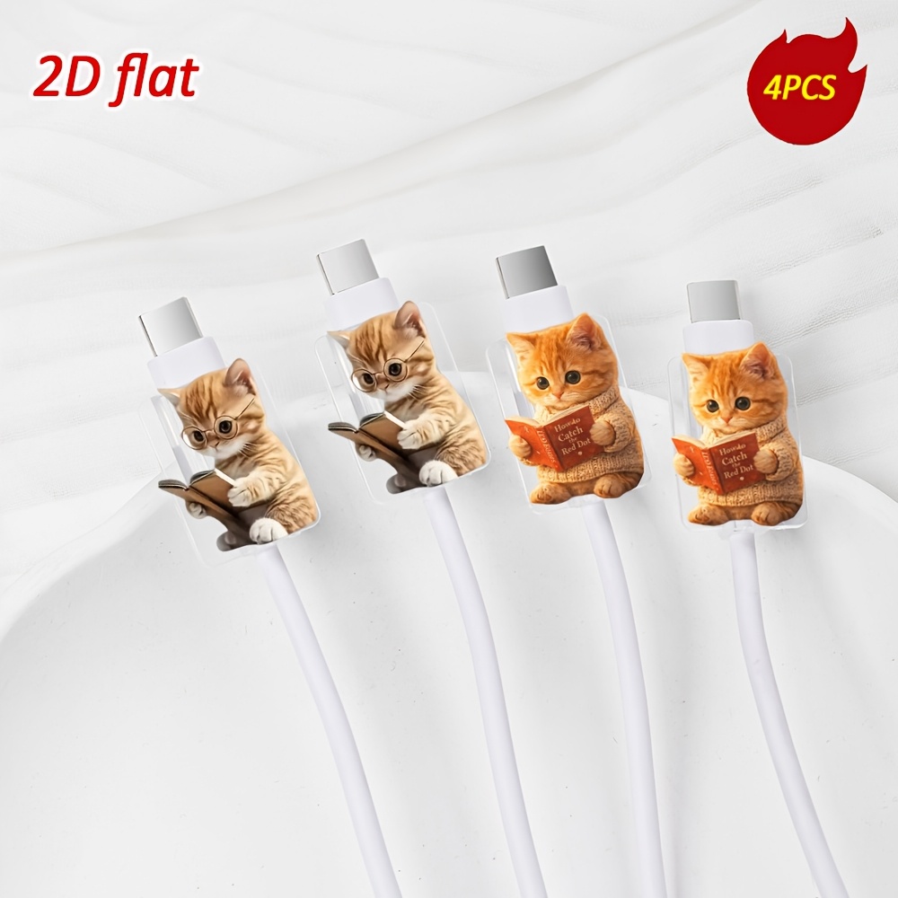 E-shop [2D Flat] 4 Stück Lern Katzenmuster Datenkabel Schutz, Anti-Break und Kratzfest, Typ-C Handy Datenkabel Schutz, Ästhetisch, und Langlebig,