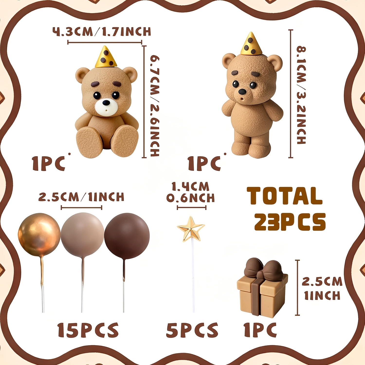 Image of Rgt 23pcs Brown Bear Cake Decoration Beige Brown Balls Cake Topper Boho Cake Cake Decoration Gender Reveal Birthday Cake Decoration