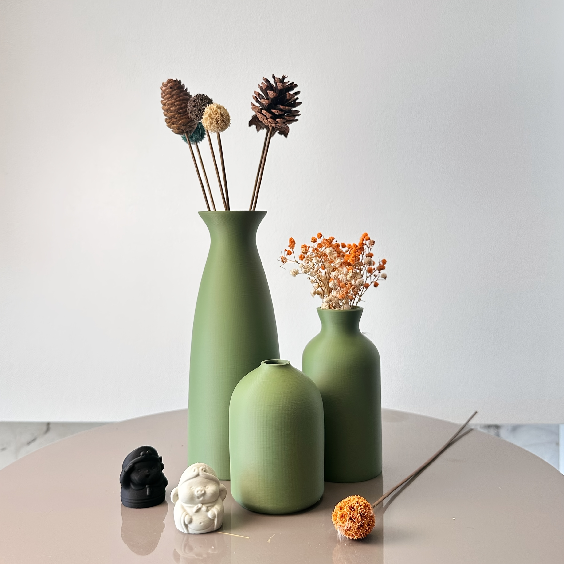 Lot de 3 Vases Décoratifs Art Matcha Vert, Vases à Fleurs Séchées avec Arrangement de Pierres Synthétiques, Idéal pour Décoration d'Intérieur, Entrée ou Bureau