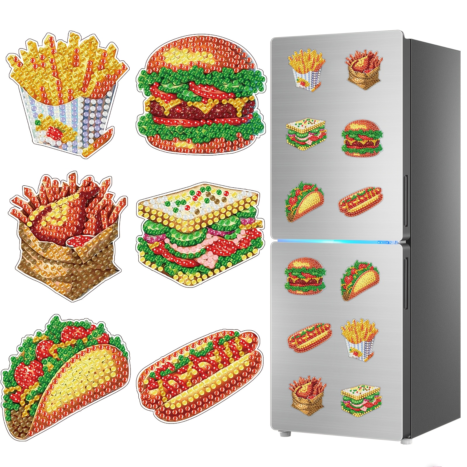 TEMU 6 Hamburger Pattern 5d Magnetic Ornaments, Pattern Diamond Painting Fridge Magnets, Gourmet Theme Handmade Art Decorative Stickers, With Tool