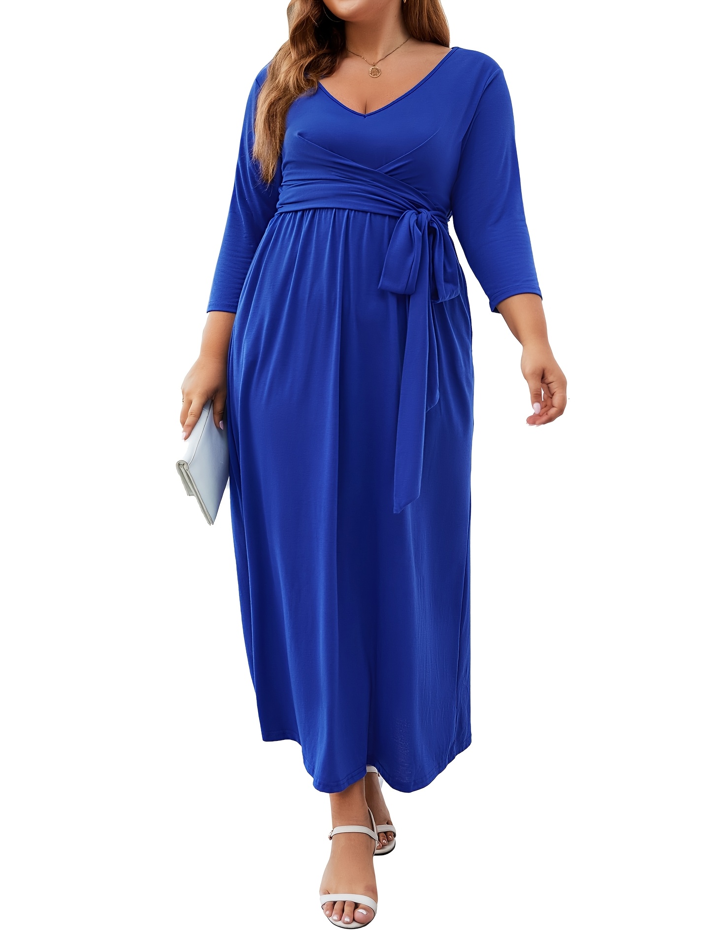 plus size women plus size wrap maxi dress high waist v neck - Temu