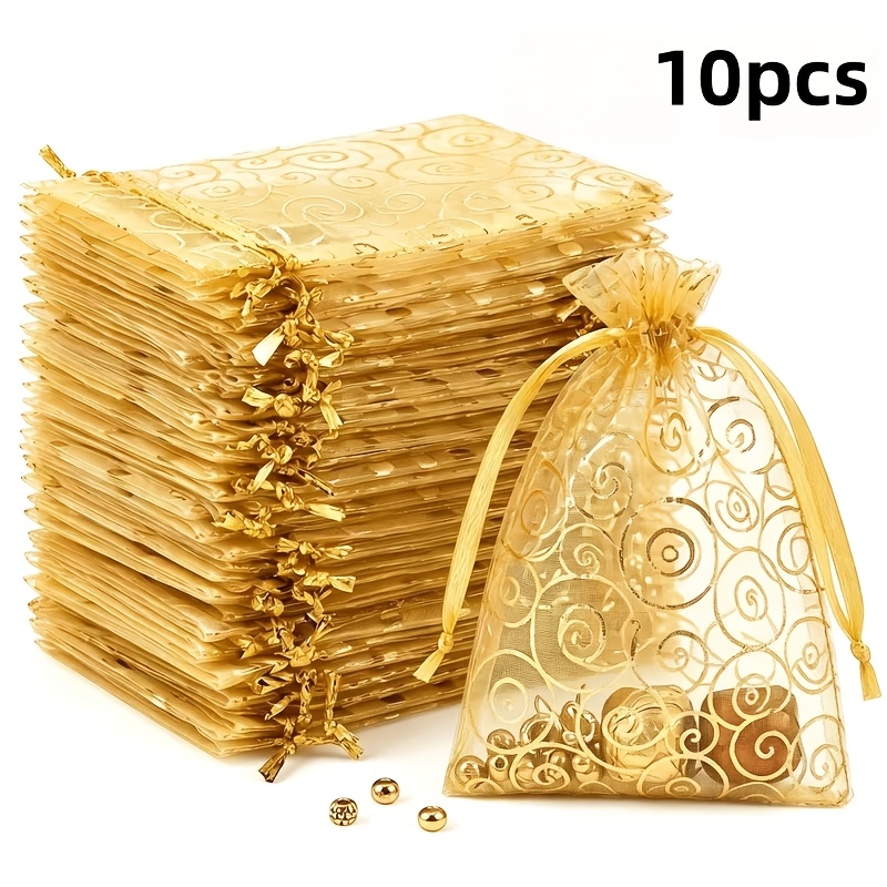 TEMU Sachets Cadeaux en Organza à Imprimé Tourbillon Doré, Poches à Cordon de Serrage Transparentes pour Bijoux de Tailles Assorties, Sacs de de Fête