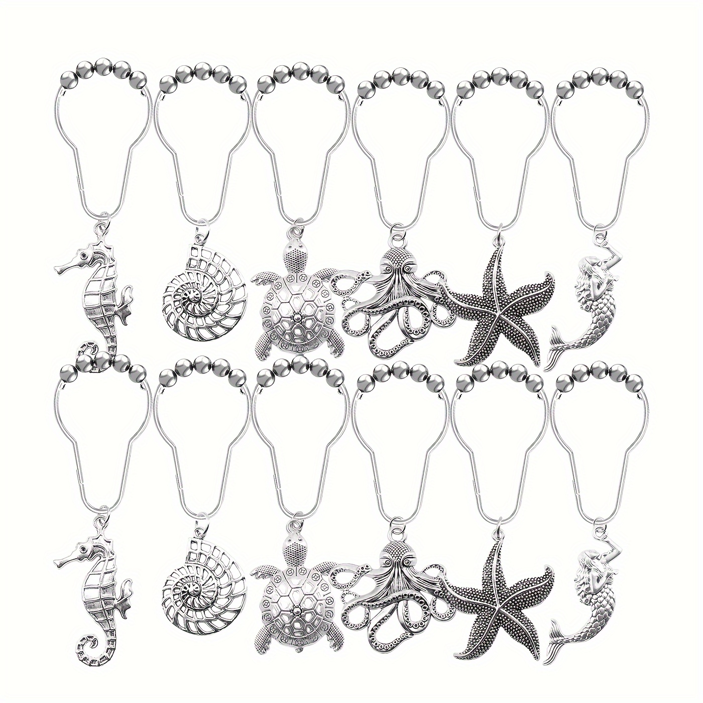 TEMU Set Of 12 Decorative Shower Curtain Hooks Featuring Marine Creatures Like , Octopuses, Turtles, , Mermaids, And Conchs