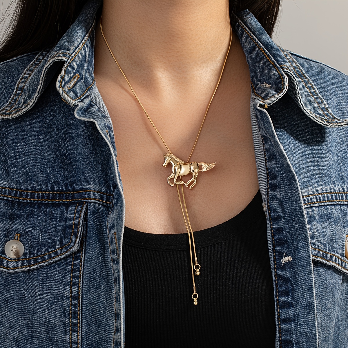 TEMU 1pc Collier Longue Fille Style Bohème avec Cordon de Serrage en Métal de Chaîne Cheval
