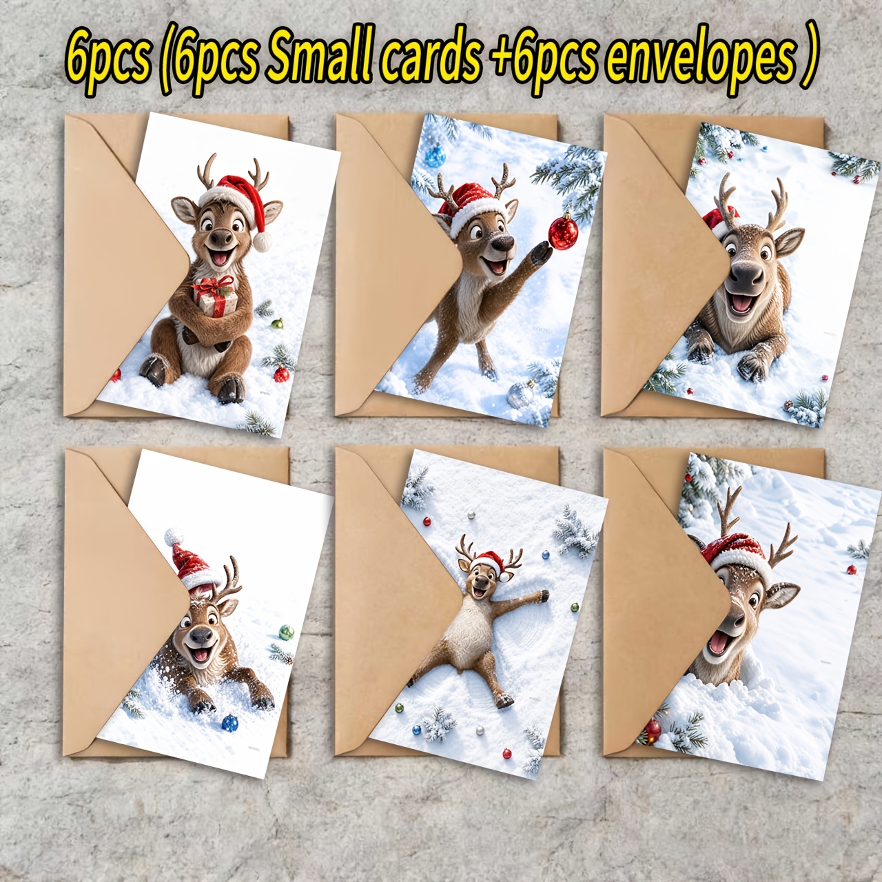 TEMU 6pcs (6pcs Greeting Cards And 6pcs Envelopes) Newzeli Design Reindeer Theme Greeting Card Set, Featuring Pine Trees, Snowflakes, Etc., Suitable