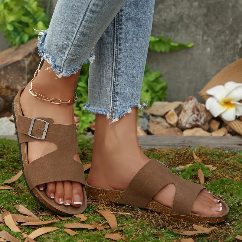 womens casual slip on flat sandals soft cover fabric with adjustable ankle strap lightweight breathable summer shoes black with golden accents comfortable for casual attire open toe design durable tpr sole Product details 3