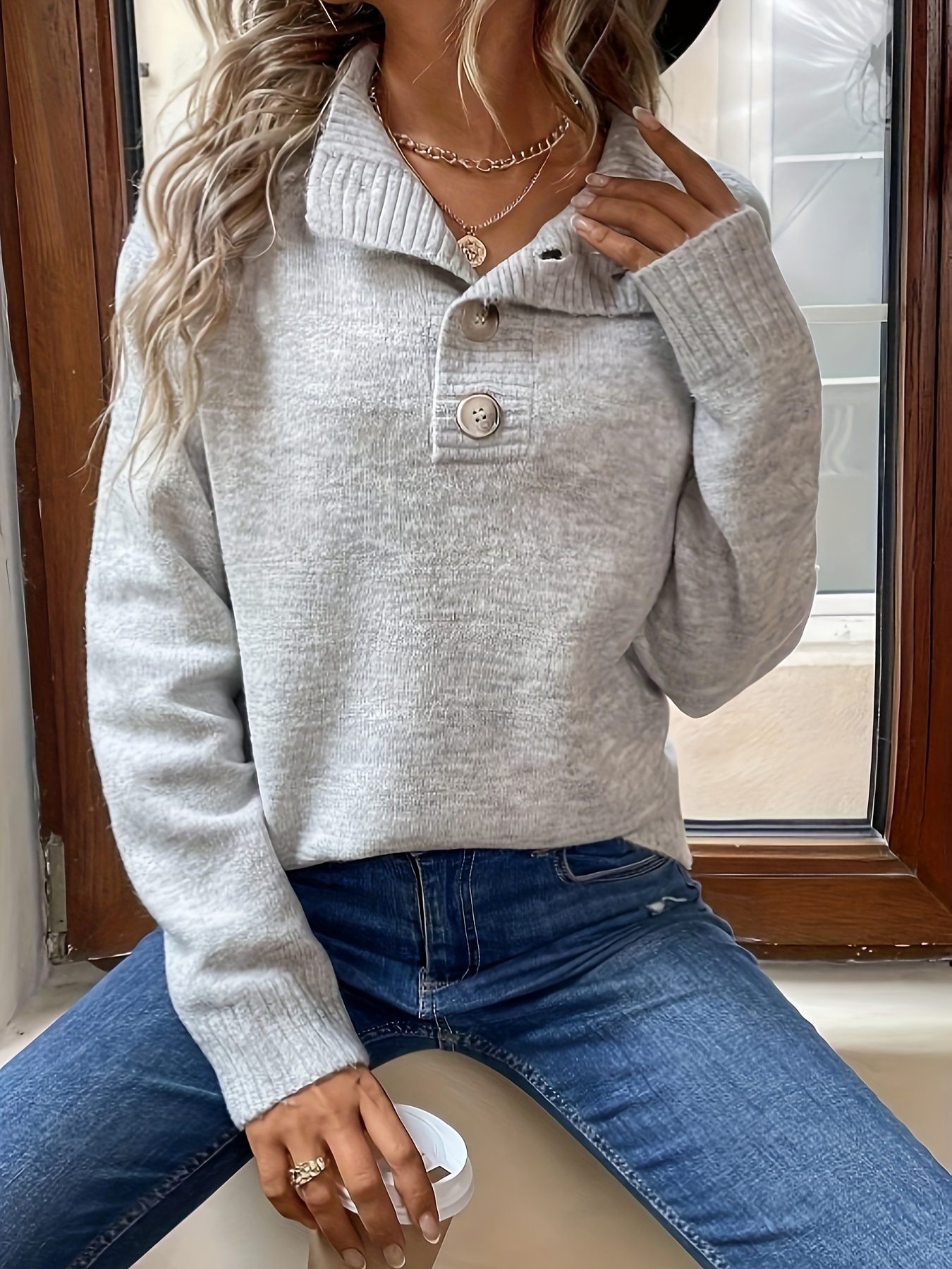 Pullover décontracté pour femme - Haut à manches longues boutonné de couleur unie avec col rabattu, essentiel d'automne/hiver pour un look décontracté, haut décontracté | Style pullover classique | Texture