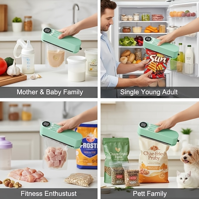 Sellador al vacío inalámbrico compacto portátil para alimentos, sellador de conservación de alimentos ligero, cuerpo fácil de colocar y transportar, sin necesidad de bolsas selectivas, sellado rápido con un botón. Aislamiento de aire a prueba de polvo y humedad, que previene la oxidación y la descomposición de los alimentos