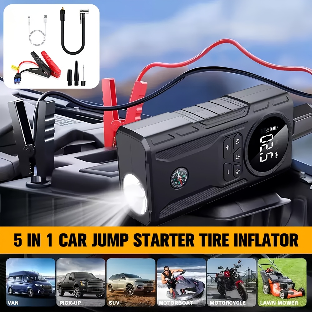 5 in 1 portable car jump starter kit with air compressor tire inflator led flashlight power bank 3   flashlight lcd display wireless emergency battery charger for on the go   Product details 0