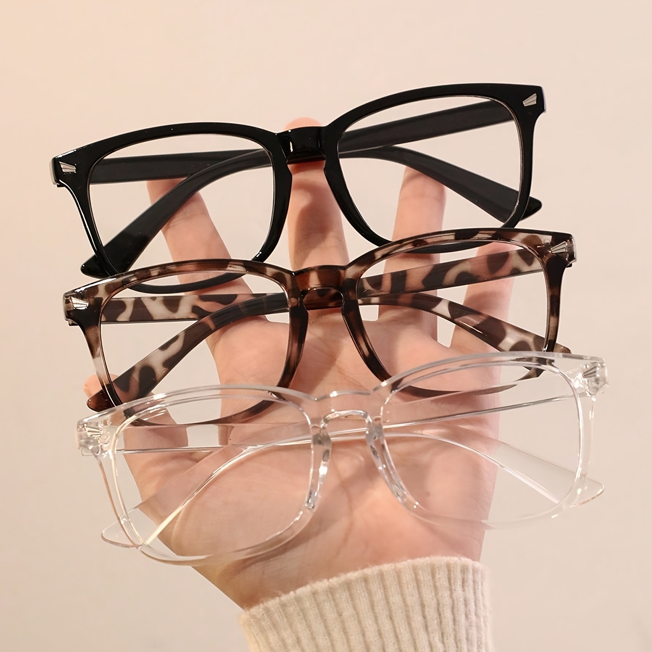 Image of 3 Pairs Of Women's Easy And Elegant Style Fashion Plain Glasses, Square Frame, Transparent Lenses, Back To , , Daily Use, Clothing Matching