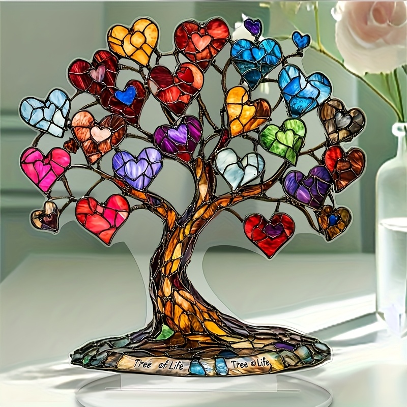 

Elegant Bohemian 7"x7" Stained Glass-style Acrylic Tree Of Life Decor With Heart-shaped Leaves - Perfect Gift For Women, Moms, And Grandmas | Ideal For Office, Coffee Bar, And Home Decoration, Decor