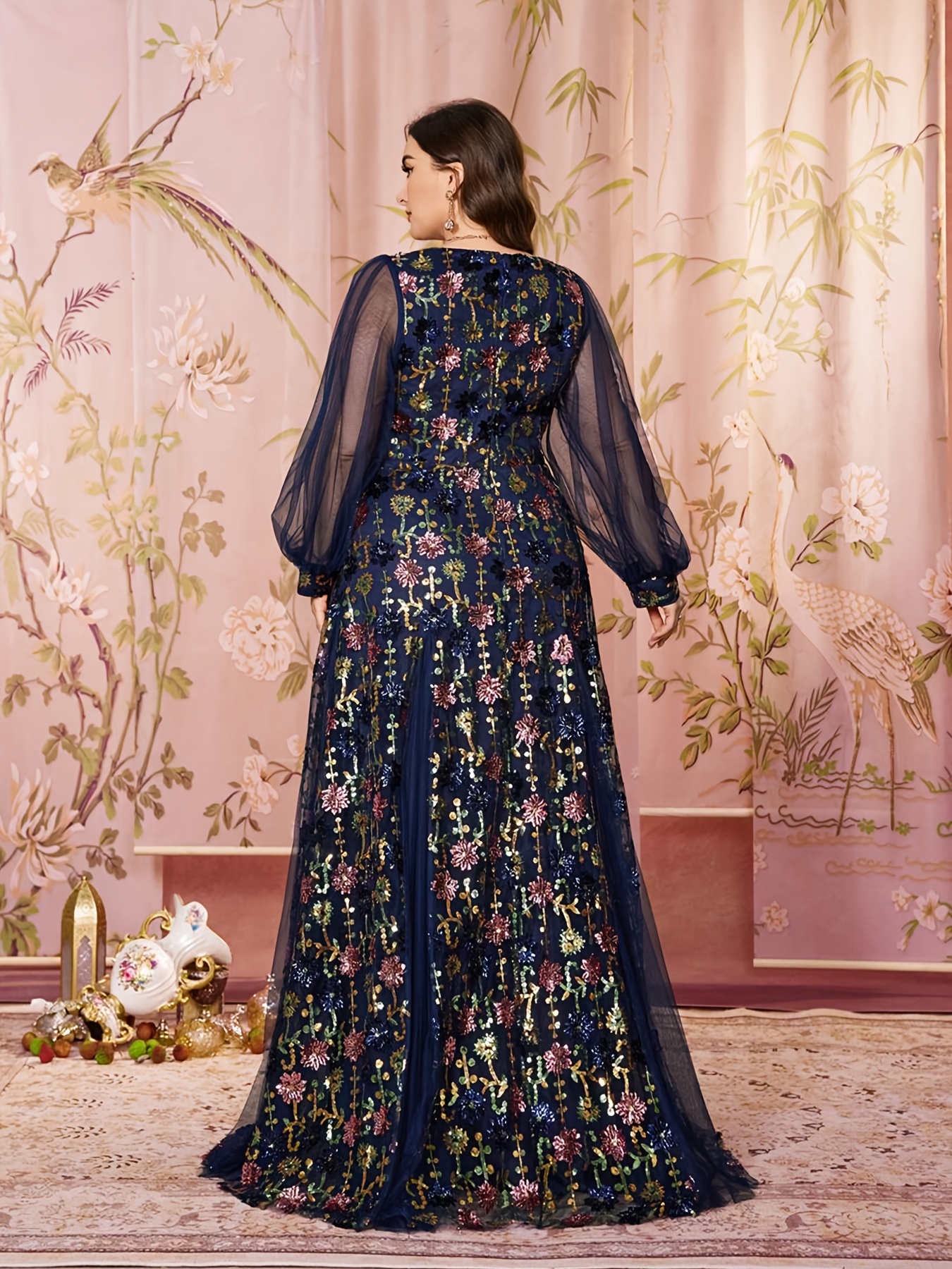 Plus Size, Plus Size Mornarica Šljokice Cvjetna Haljina s V-Izrezom i Mrežastim Rukavima, Elegantna Banket Haljina, Vintage Stil Party Haljina