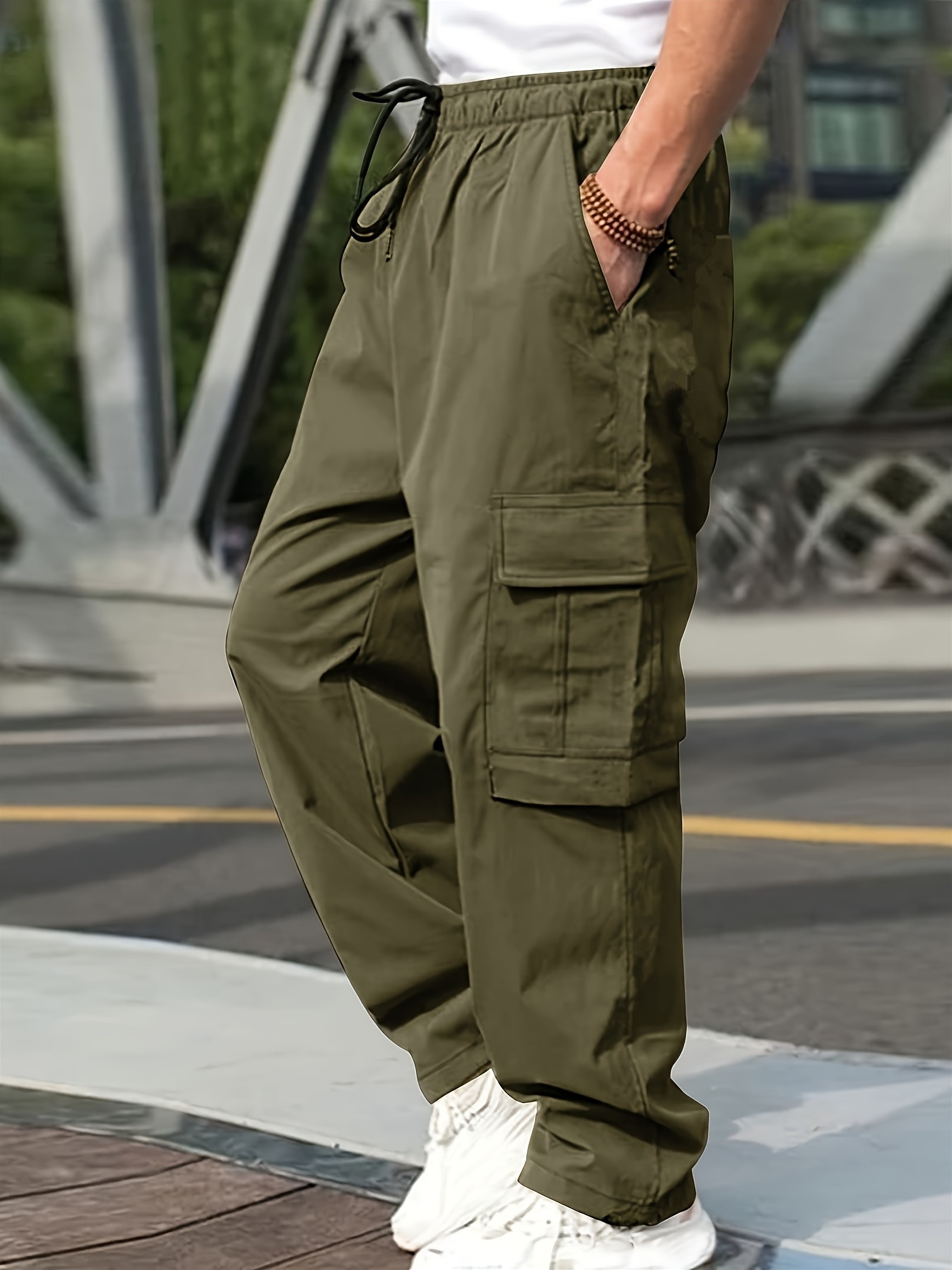 mens loose fit cargo pants drawstring pockets in solid color