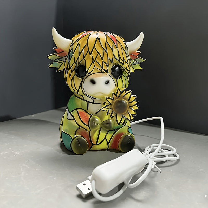 TEMU Cartoon Highland Cow Sunflower Night Light, Warm And Soft Ambient Light For Bedroom Bedside, Cute Animal-shaped Table Lamp, Suitable As A