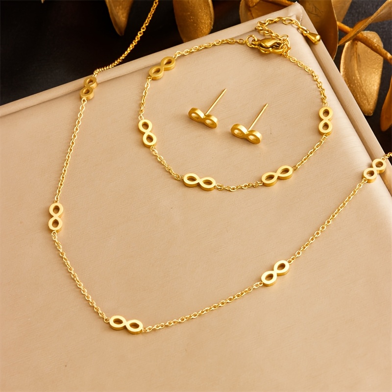 TEMU -piece Set Of 304 Stainless Steel Material 8-shaped Pendant, Women's Golden Bracelet, Necklace, And Earring Set. A Fashionable, Personalized,