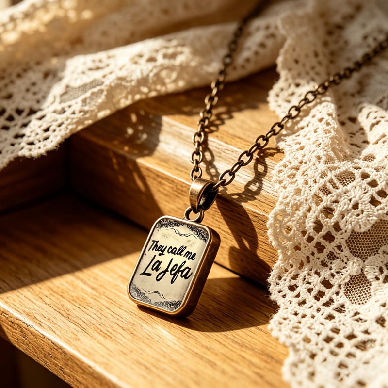 Women's Double-Sided Square Glass Tag Necklace, Creative Design