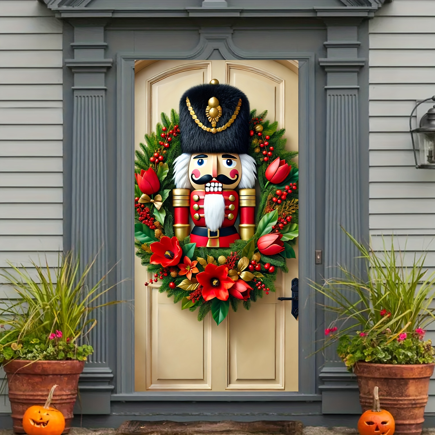 

2d Door Banner, 1pc 2d Door Banner, Nutcracker Door Wreath, 35.4x70.8inch, Polyester, Christmas Hanging Decor With Floral Accents, For Entryway, Room, And Party Use, Party Banner