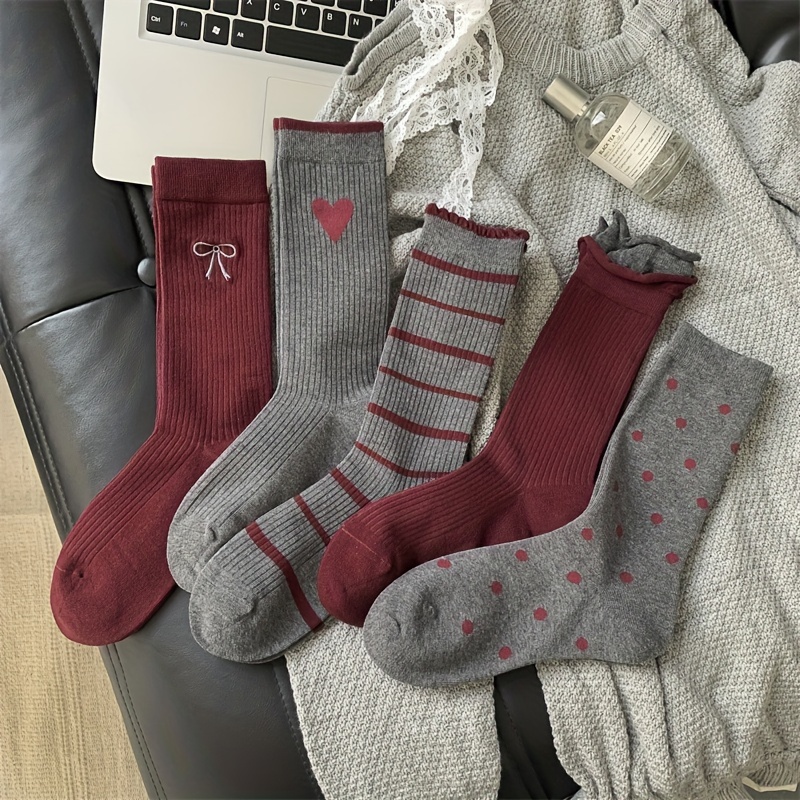 

5 Pairs Of Women's Socks With Bowknot, Stripes And Jacquard Pile, College Style Long Socks Suitable For And Commuting