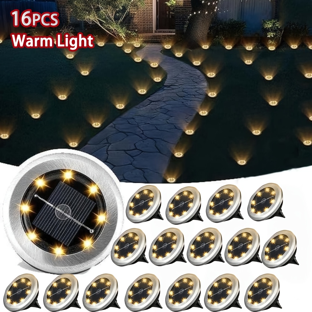 TEMU 16/24 Sets Of 8-led Outdoor Solar Small-sized Stainless Steel Floor Lamps, Ip44 Waterproof, Solar Garden Lights, Led Landscape Lights, Suitable