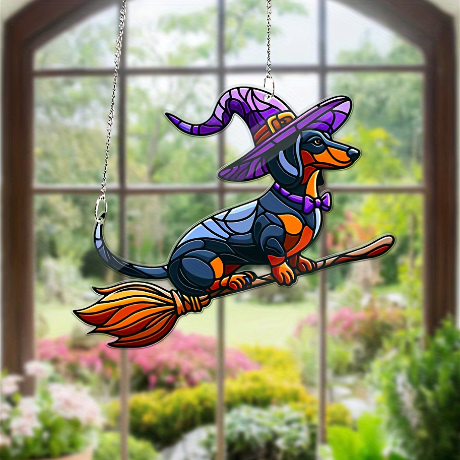 

Halloween Dachshund Witch Hanging Ornament – Classic Acrylic Window Decor For Dog Lovers – Festive Halloween Decoration, Witchy Dog Ornament, No Feathers, Power-free