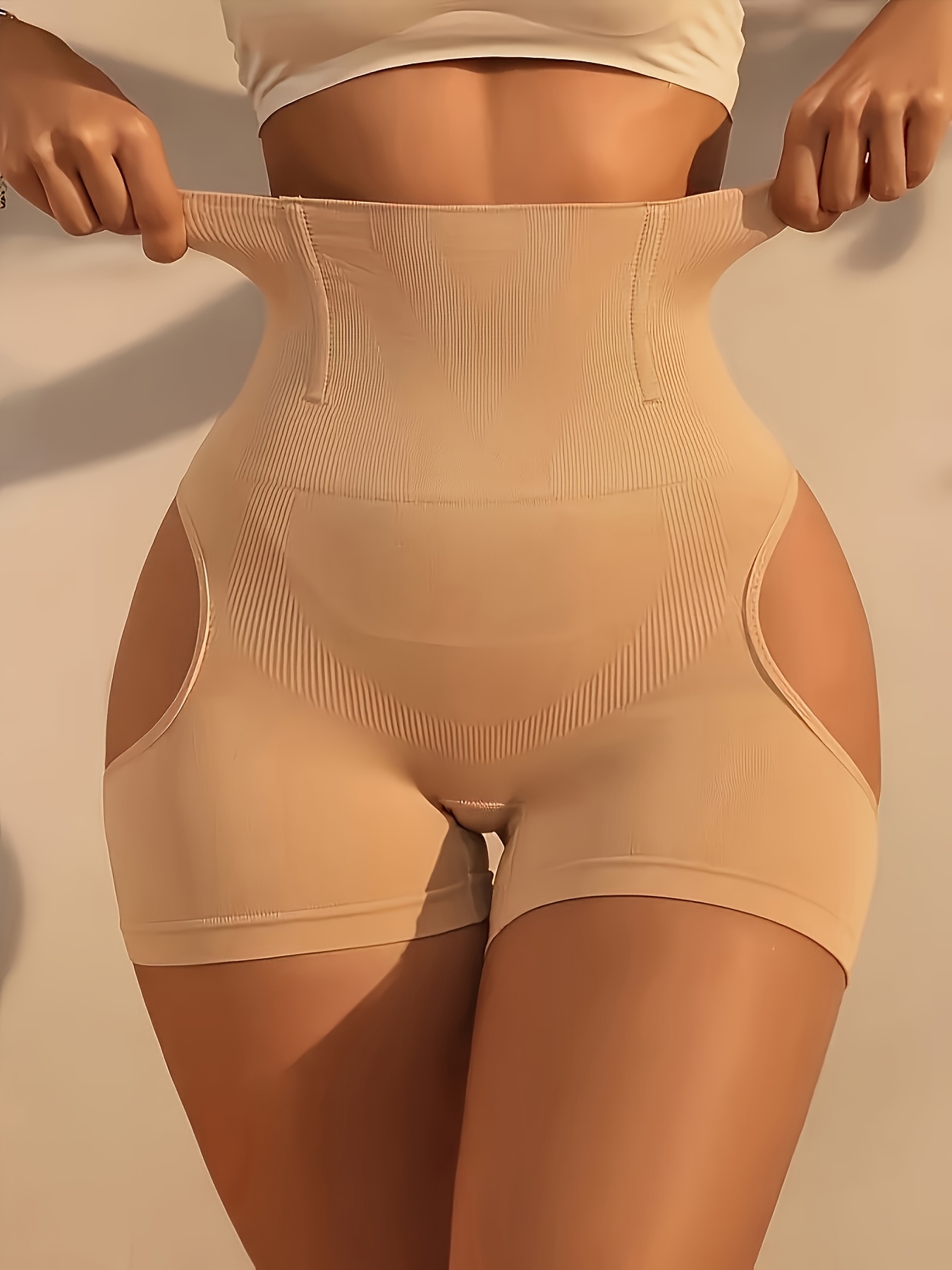 Elegant Women's Seamless High-Waisted Shaping Panties Solid Color Butt-Lifting Tummy Control Fabric Machine Washable