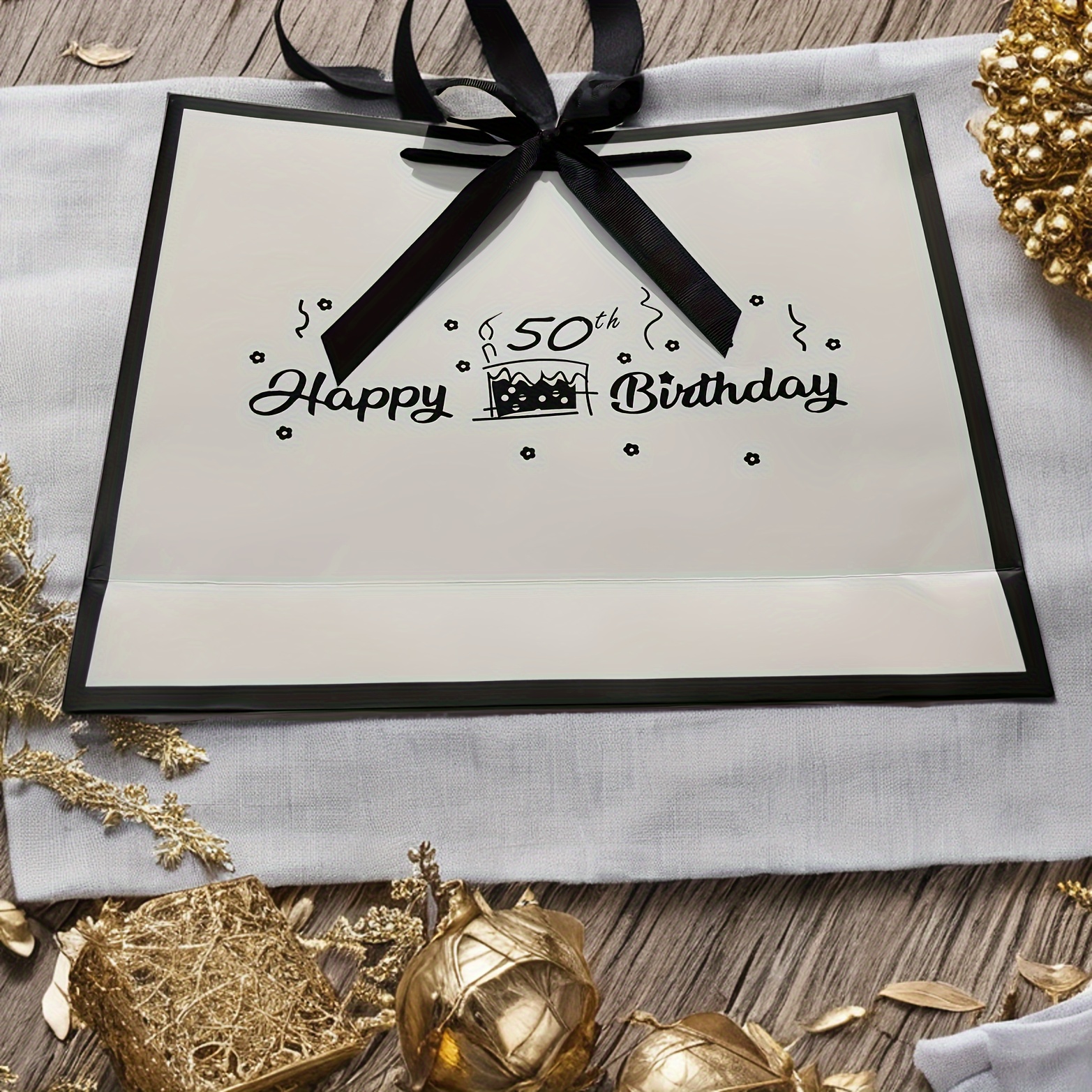 

Elegant 50th Birthday Gift Bags: 13\" White With Black Edges - Perfect For Celebrating Milestones