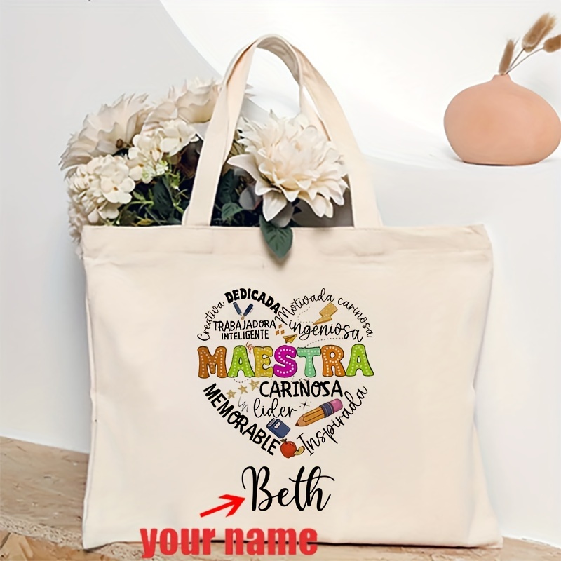 

Custom Spanish Maestra Print Tote Bag - Perfect Gift For Her! - Canvas Shoulder Bag For Travel, Daily Commute, Or Shopping - Women's Reusable Tote - Trendy Folding Design - 1pc