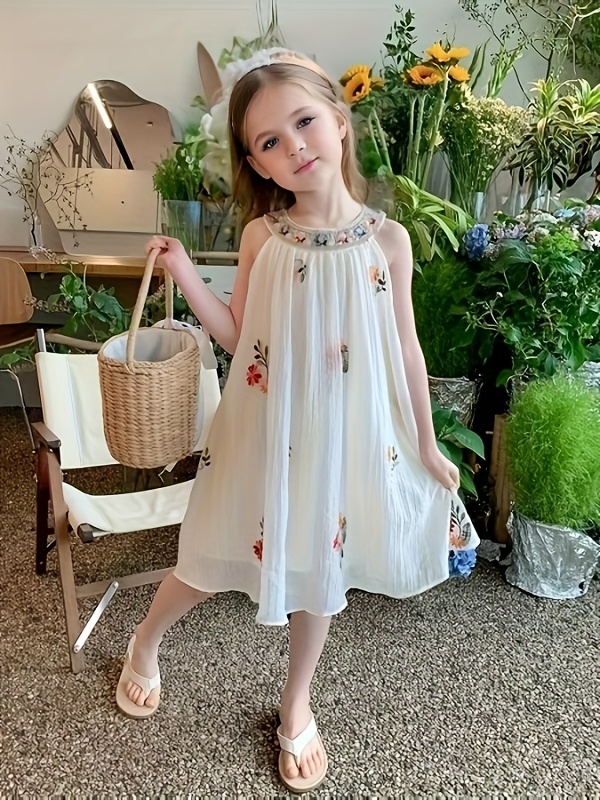 Bohemian Style Summer Dress with Embroidered Flowers, Sleeveless Mesh Overlay For, Perfect for Casual Outings Or Vacation, Lightweight Princess Dresses for Little