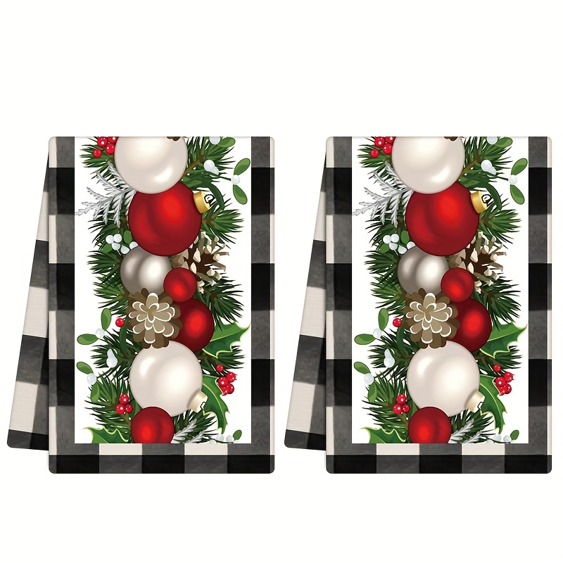 

Vintage Style Christmas Dish Towels - 2pc Set, Polyester Knit Fabric Dish Cloths, Machine Washable, Gingham Pattern With Holiday Florals & Pine Cones, Decorative Kitchen Towels For Xmas Festivities