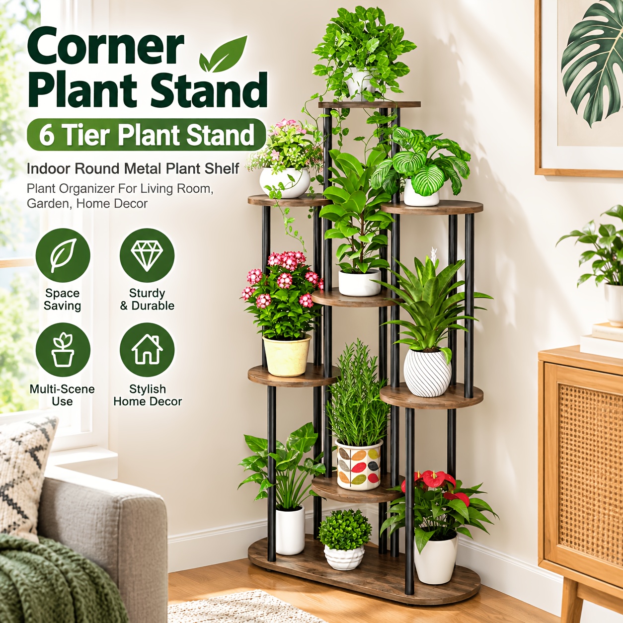 Image of 6-tier Plant Stand Indoor Round Plant Shelf With Adjustable Light, Plant Organizer For Living Room, Garden, Home Decor