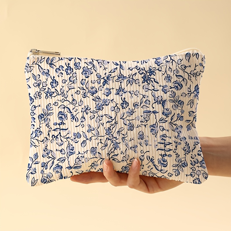 Floral Printed Corduroy Makeup Bag - Lightweight Zipper Lined Makeup Bag, Multifunctional Makeup Storage, Suitable For Toiletries And Accessories, Suitable For Men And Women