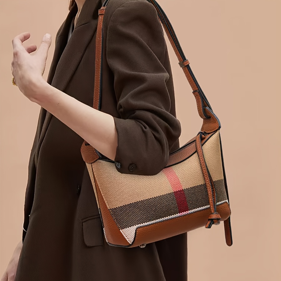 

1 sac à bandoulière élégant en cuir rayé pour femmes, style européen américain 2024, nouveau, en cuir , léger avec sangle réglable, fermeture à glissière, doublure en polyester, bordé, non lavable