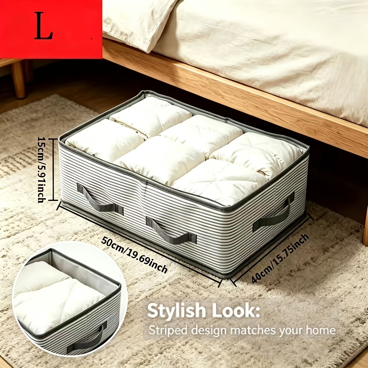 TEMU 2pcs Large Storage Organizer Bags With Striped Design, Durable Polyester Material, Portable Garment Organizer Bags, Suitable For Women's Fashion