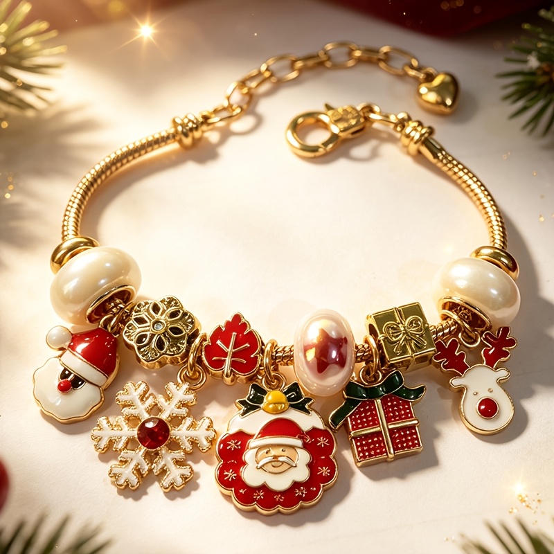 TEMU Christmas-themed Bead Snake Bracelet, Santa Claus/snowflake/gift Box/reindeer/maple Leaf/pendant Adjustable Snake Bracelet, Festive Women's