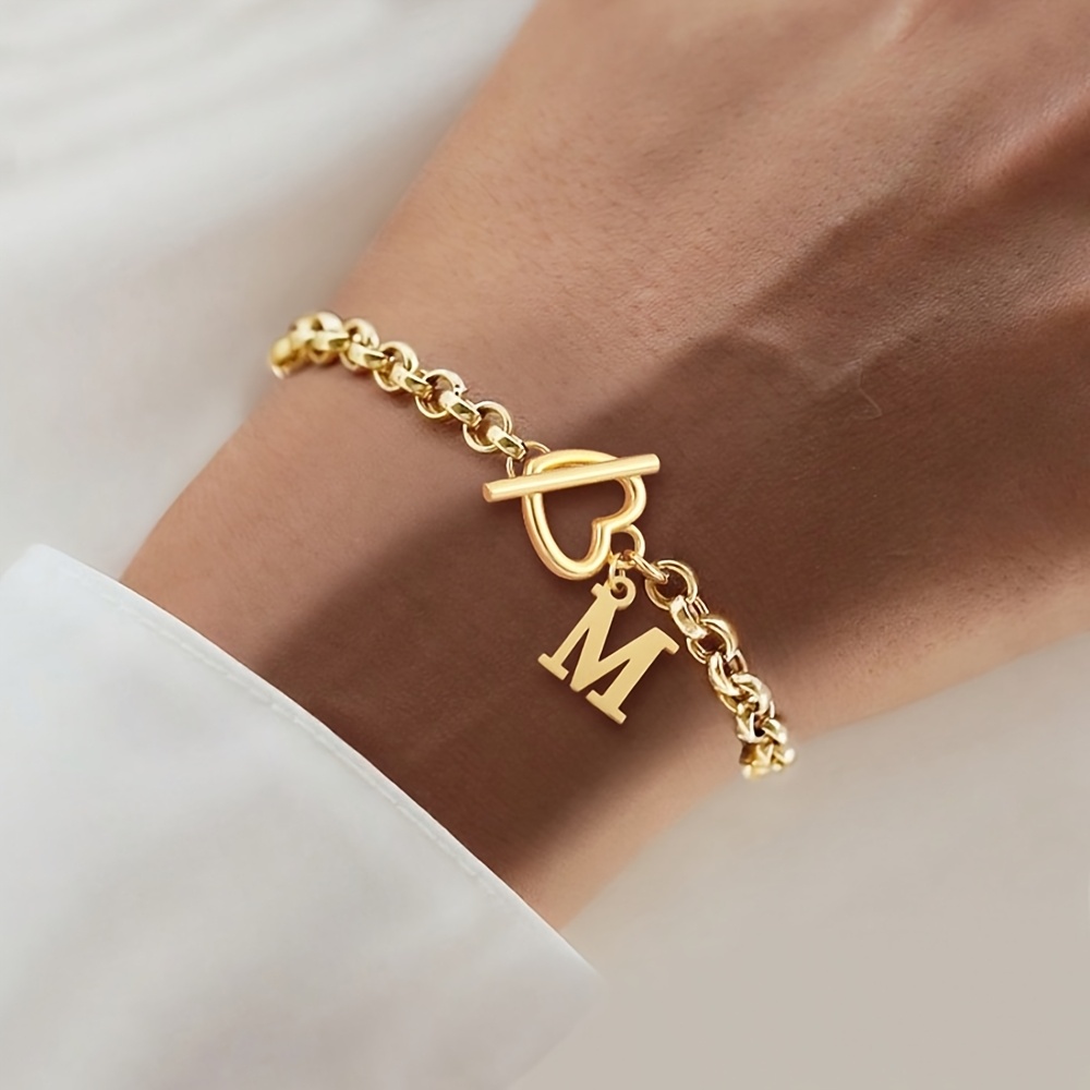 Image of 1pc Classic Stainless Steel Initial Bracelet Golden Color Heart Toggle Clasps O-chain Letter Bracelets For Women Valentines, Mom, Mother, Mother's Day, Gift