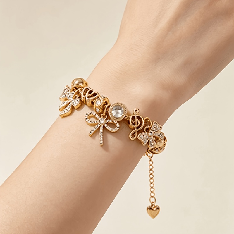 TEMU Women's Adjustable Snake Bone Bracelet With Bow, Heart & Star Charms - Vintage Golden Suitable For Daily Wear, Luxury Retro Bone, Versatile