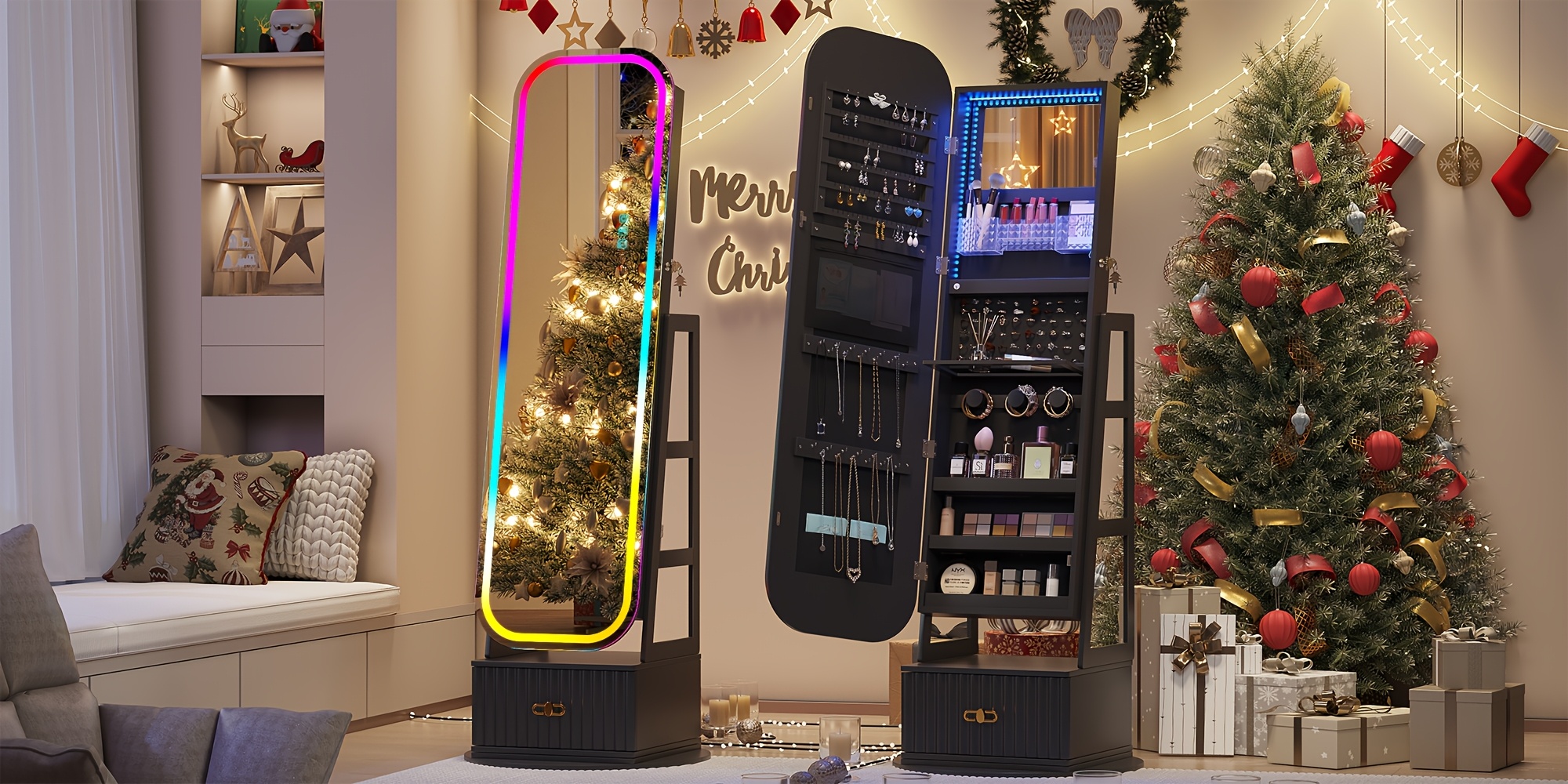 Lockable Vintage-Inspired 360° Swivel Jewelry Mirror Cabinet with Lights - Full Length Organizer with Storage Drawer for Bedroom Decor
